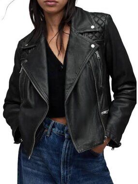 AllSaints Black Leather Quilted Shoulder Biker Jacket | US Size 2 - Never Worn!